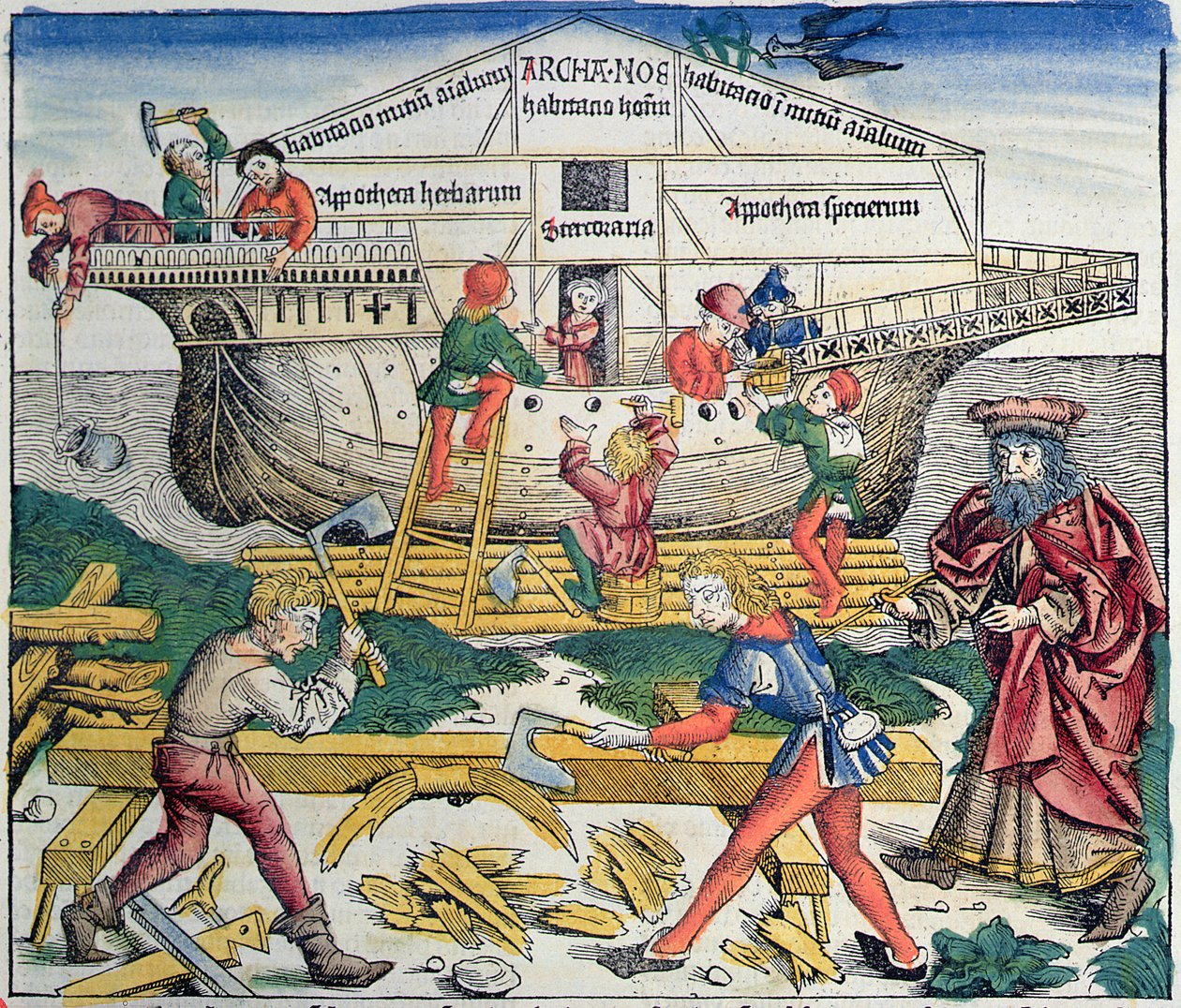 诺曼方舟的建筑，纽伦堡纪事报，Hartmann Schedel，1493年（彩色木刻） 作者 迈克尔·沃尔吉姆特