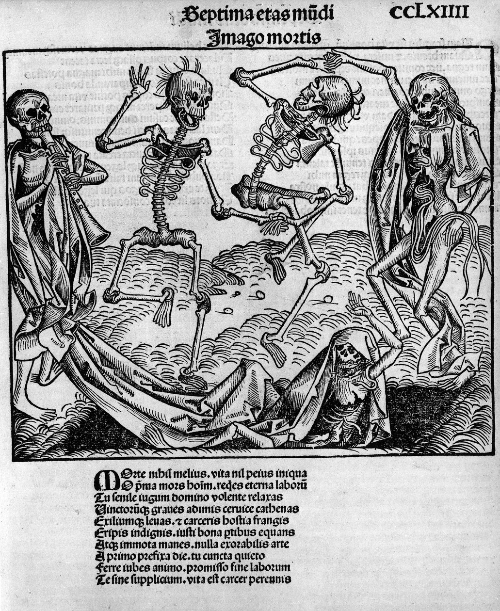 恐怖的舞蹈场景，有骷髅，--载于《纽伦堡编年史》，作者Hartmann Schedel（1440-1514），由Anton Koberger在纽伦堡编辑，7月12日 作者 迈克尔（Michael）和Pleydenwurff W.（卒于1494年）Wolgemuth