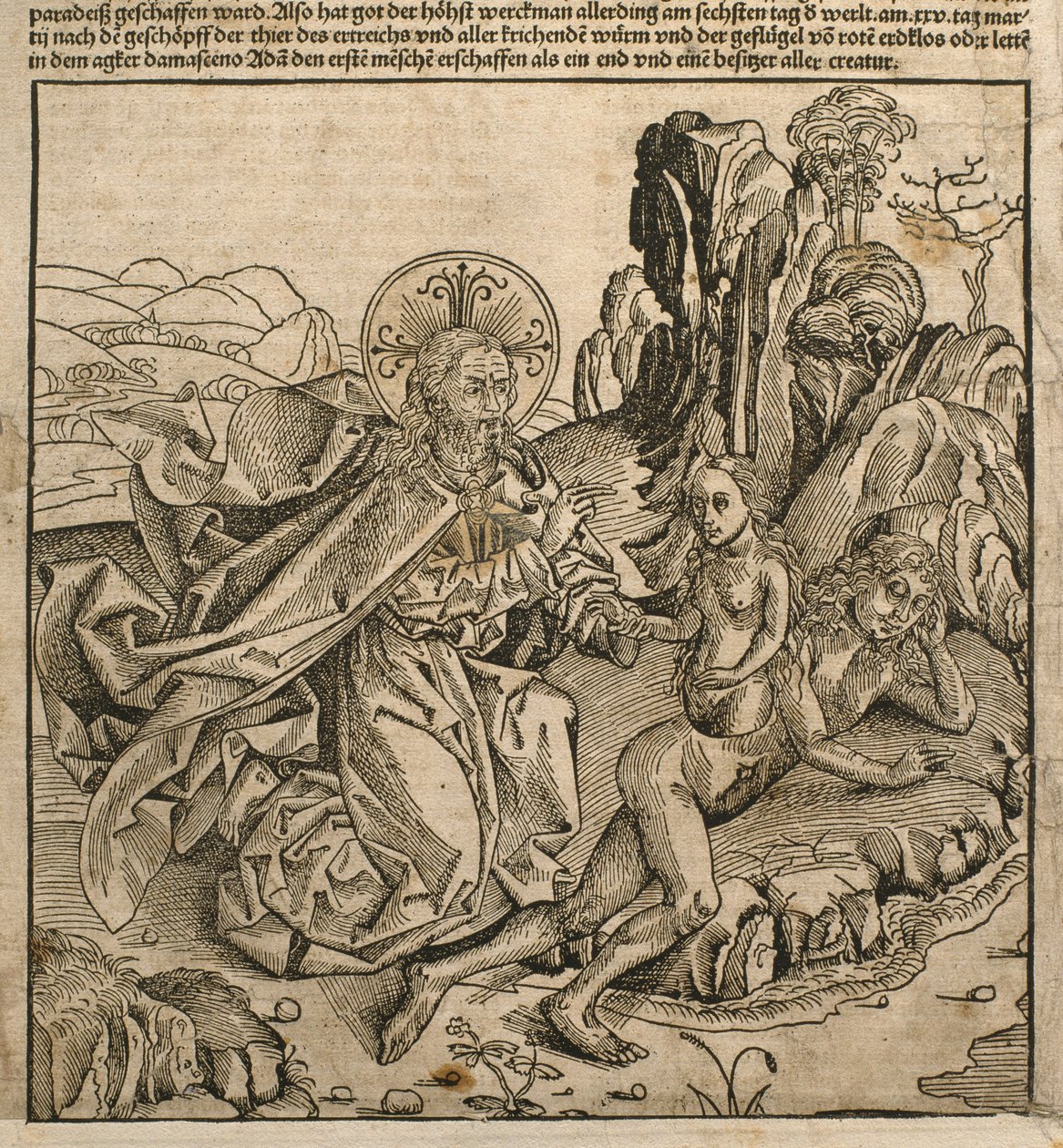 父神在亚当的肋骨上创造夏娃，来自Hartmann Schedel（1440-1514）的&39;Liber Chronicarum&39;的插图，于1493年在纽伦堡出版 作者 迈克尔·普莱登伍夫（W. Wolgemuth）