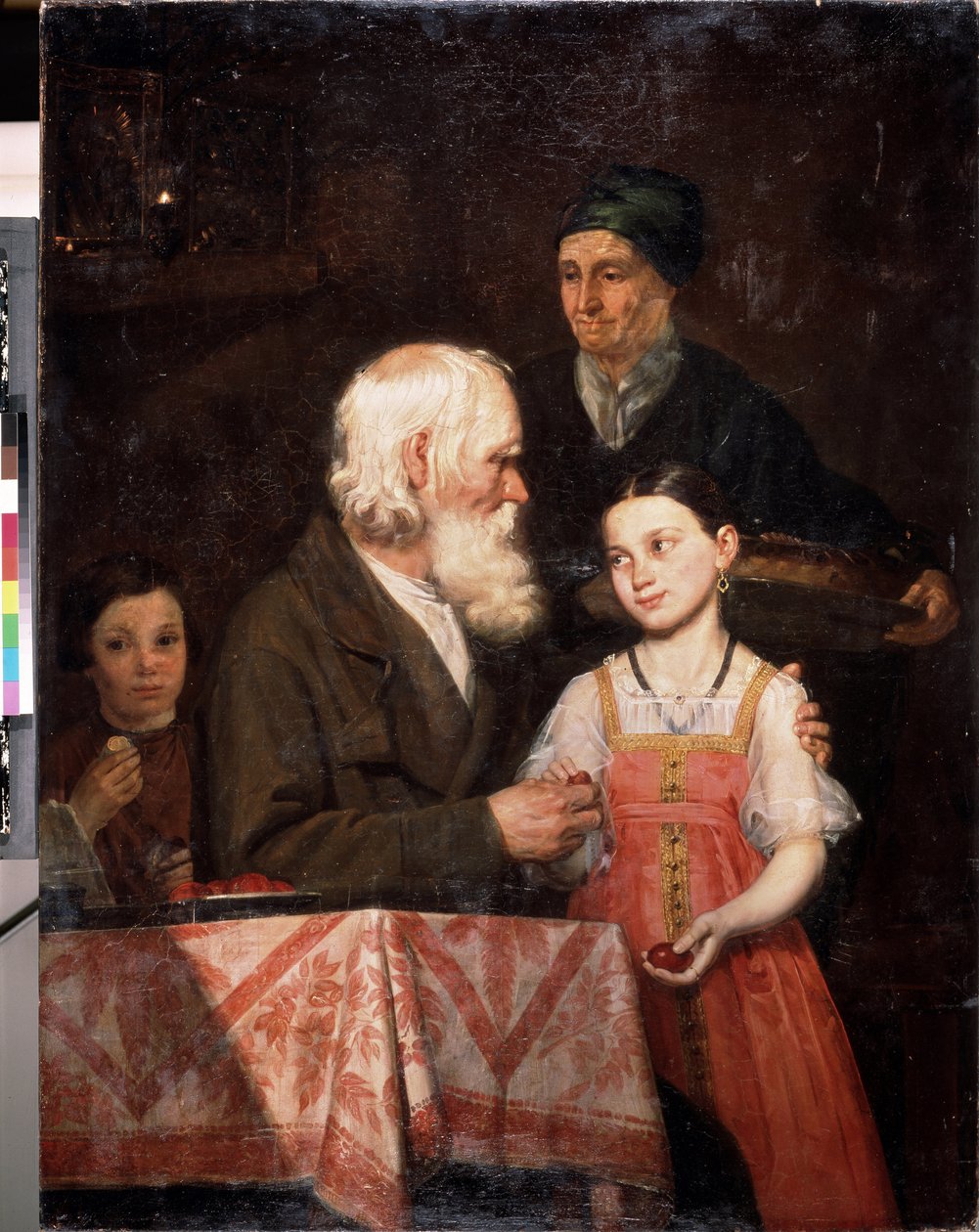 Paques (Easter). Un vieillard donne des oeufs teints en rouge a sa petite fille, la grand mere apporte une brioche traditionnelle de Paques. Peinture de Michail Andreevich Mokhov (1819-1903), huile sur toile   1411226   zh       chinese Successfully Transl 作者 米哈伊尔·安德烈耶维奇·莫霍夫