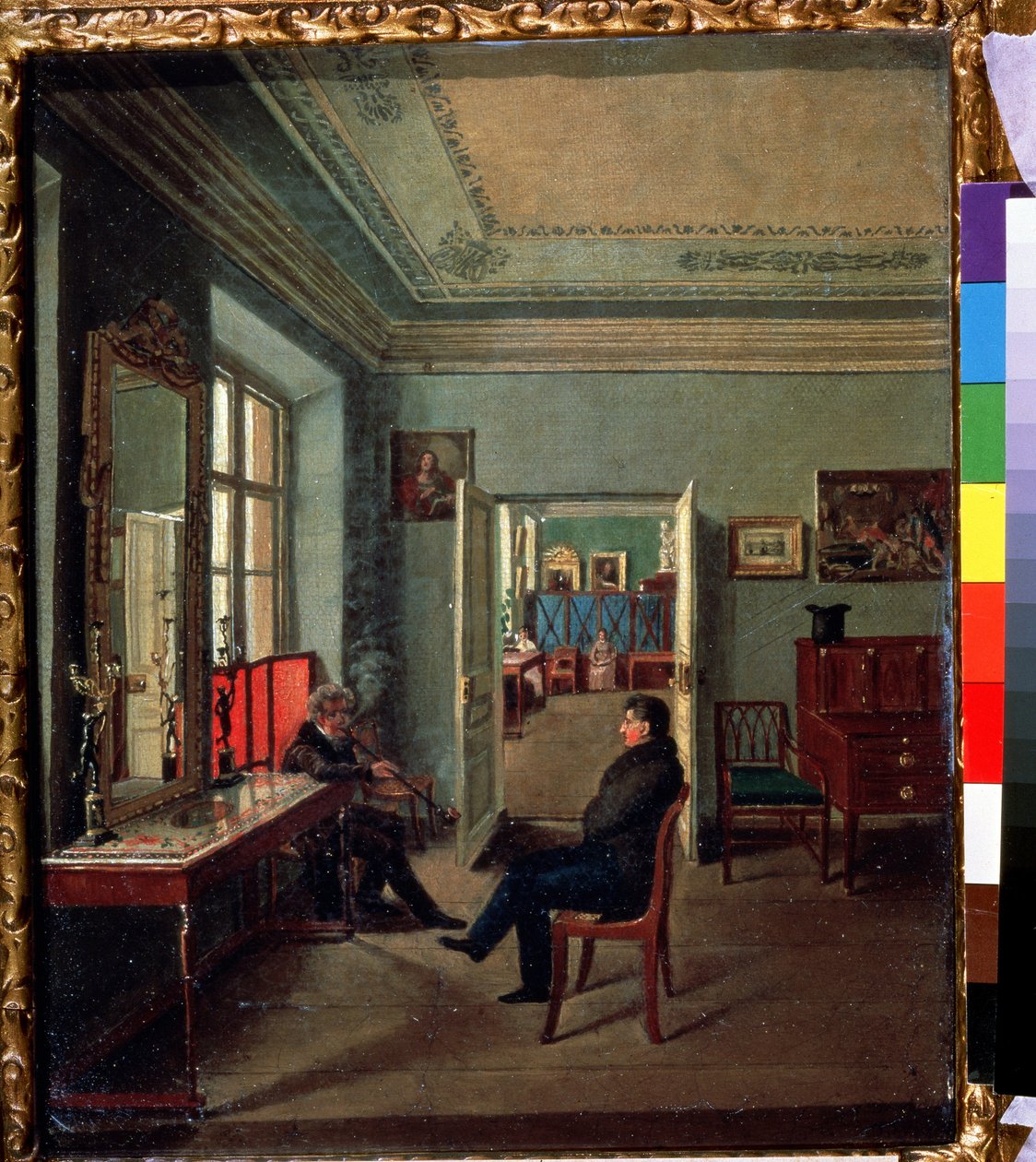 Dans la chambre（在房间里）。两个男人在中产阶级的室内交谈，女人在另一个房间。画家米哈伊尔-费奥多罗维奇-达维多夫（19 世纪上半叶）。布面油画 作者 米哈伊尔·费奥多罗维奇·达维多夫
