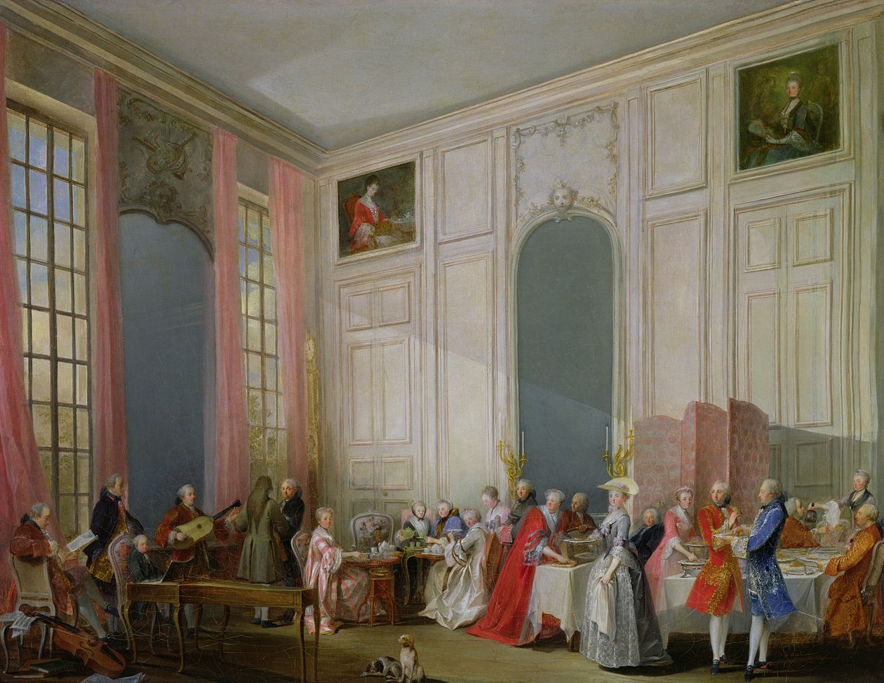 英国茶（le the a l&39;Anglaise）和在巴黎Palais du Temple的Princesse de Conti宫举行的社会音乐会与1766年在Clavichord的Young Mozart举行 作者 米歇尔·巴泰勒米·奥利维耶或奥利维耶