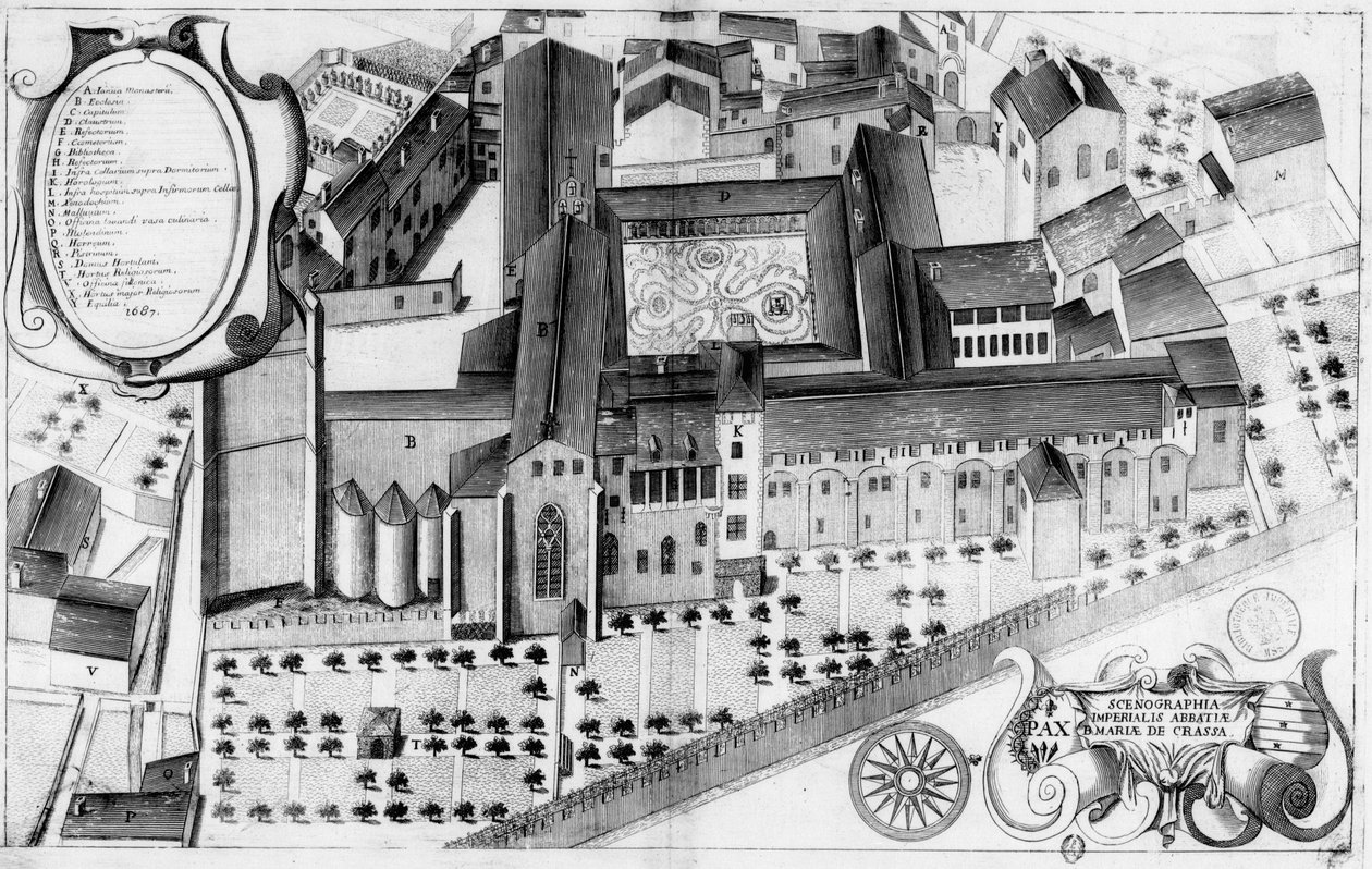 雕刻17世纪的板块描绘法国拉格拉斯的圣玛丽修道院，在Monasticon Gallicanum一书中 作者 米歇尔·杰曼