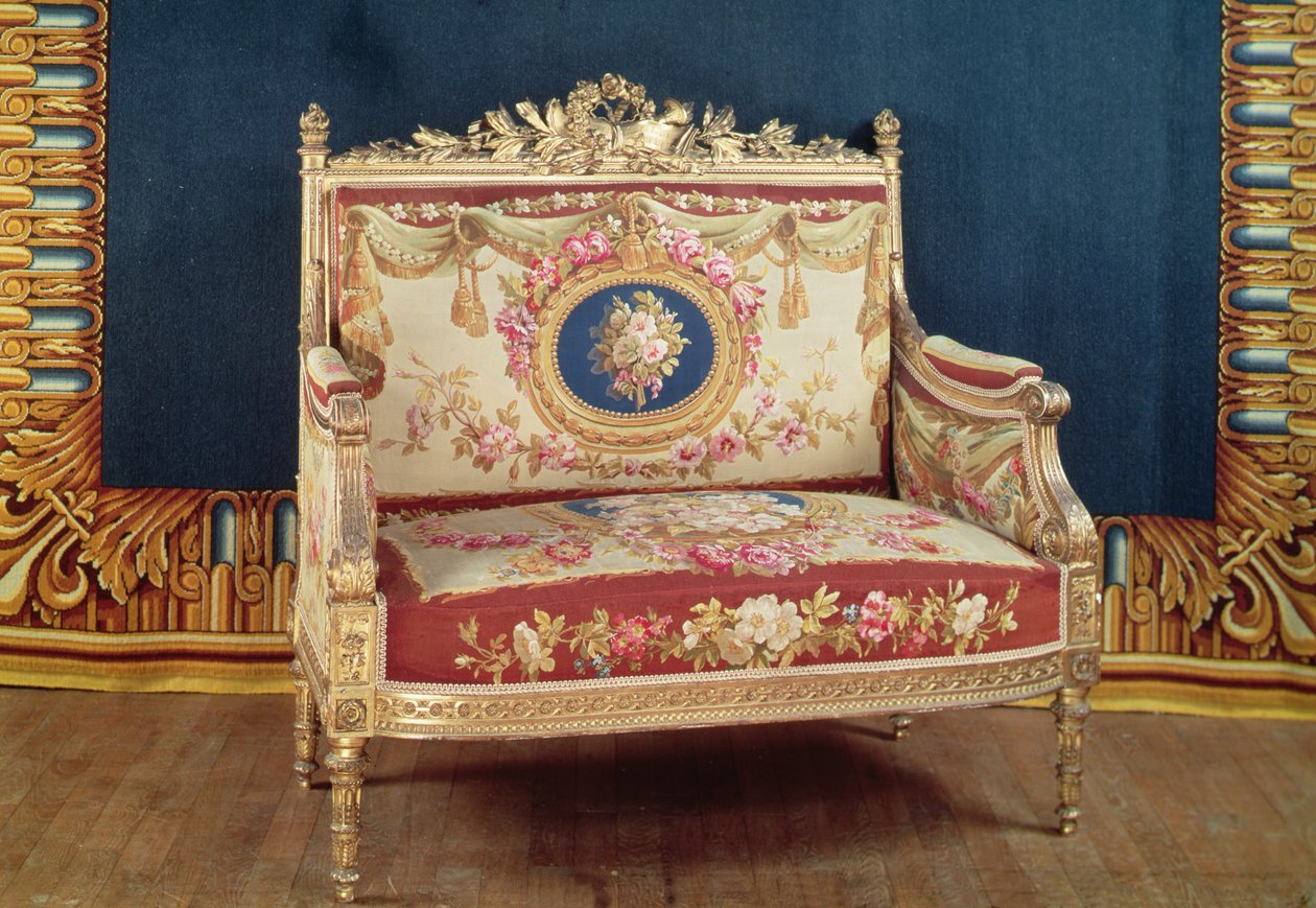 1855年Chateau de Saint-Cloud沙龙的路易十六风格爱情座椅（木材和挂毯） 作者 米歇尔·维克多·克鲁切特