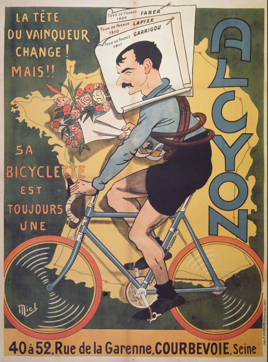 海报广告&39;Alcyon&39;与Tour de France Faber（1909年），Lapize（1910年），Garrigou（1911年）1911年的获奖者一起循环 作者 米歇尔·利博