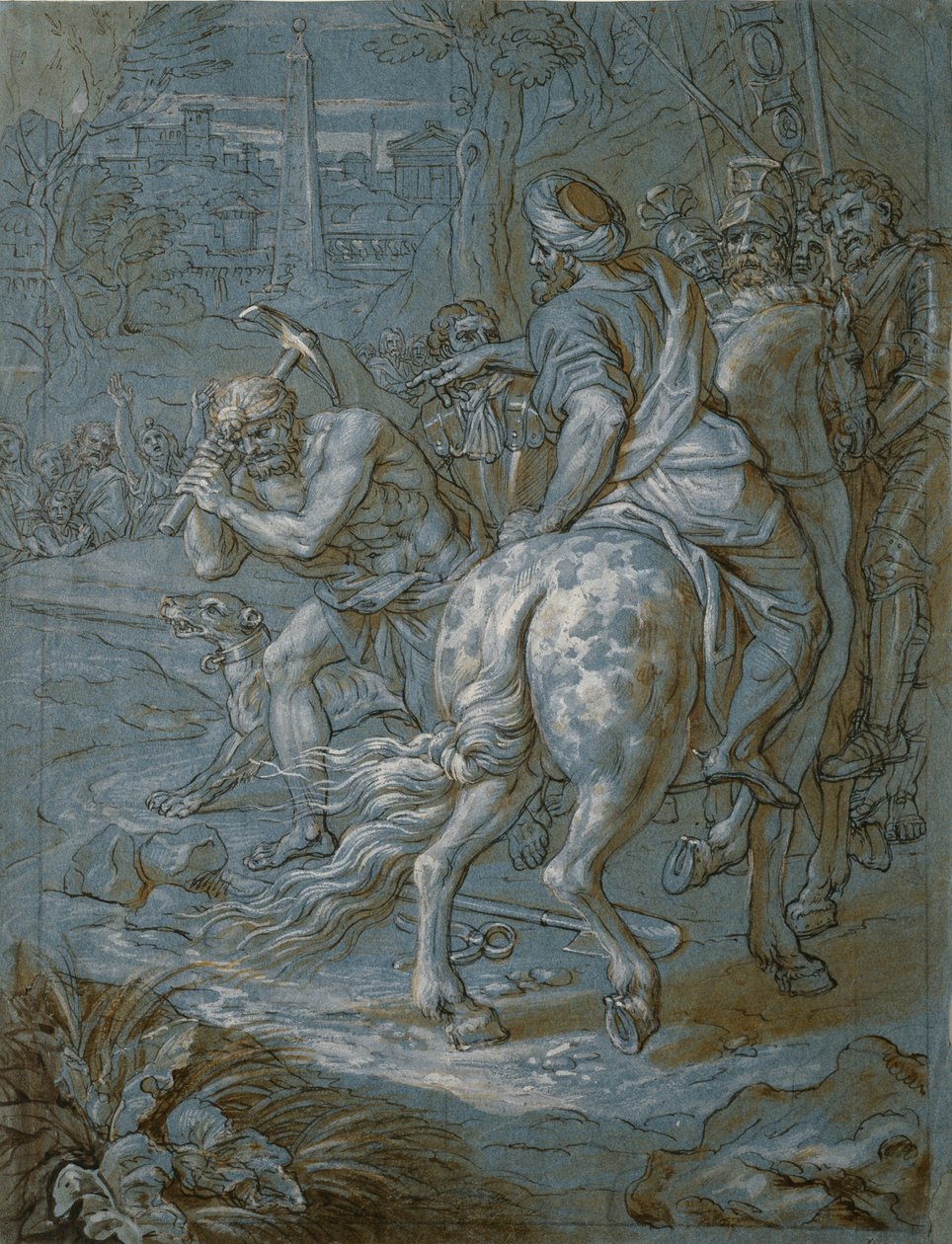 十字架安装的破土动工，c.1680（笔和棕色墨水在纸上用水洗和水粉） 作者 米歇尔·德·塔佩斯特里斯科内尔
