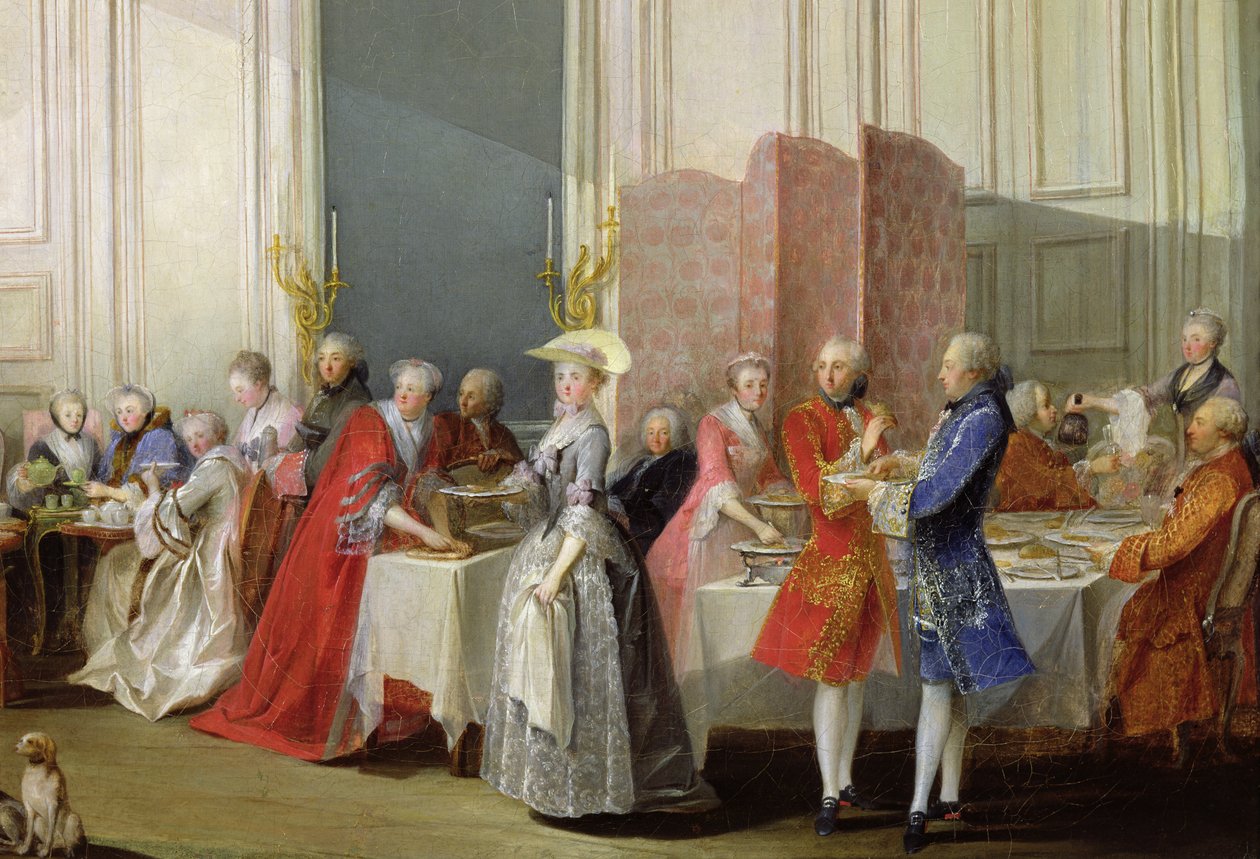 英国的Conon de Quatre英国茶馆在孔蒂王子宫（1717-76）Palais du Temple，客人的详细信息，1766 作者 米歇尔·巴泰勒米·奥利维耶或奥利维耶