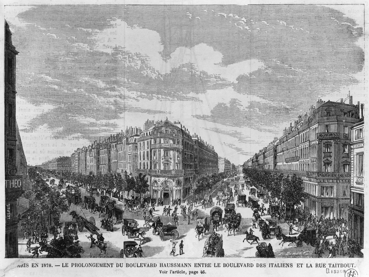 巴黎于1878年，Boulevard Haussmann在Boulevard des Italiens和rue Taitbout之间延伸，由Louis Dumont（1822年）镌刻于19世纪末 作者 查尔斯·菲肖