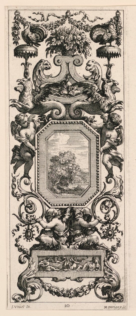 饰有花篮和花环的装饰板，选自 Livre de Diverses Grotesques peintes dans le Cabinet et Bains de la Reyne Regente, au Palais Royale 的第 10 版 作者 米歇尔·多里尼（Michel Dorigny）