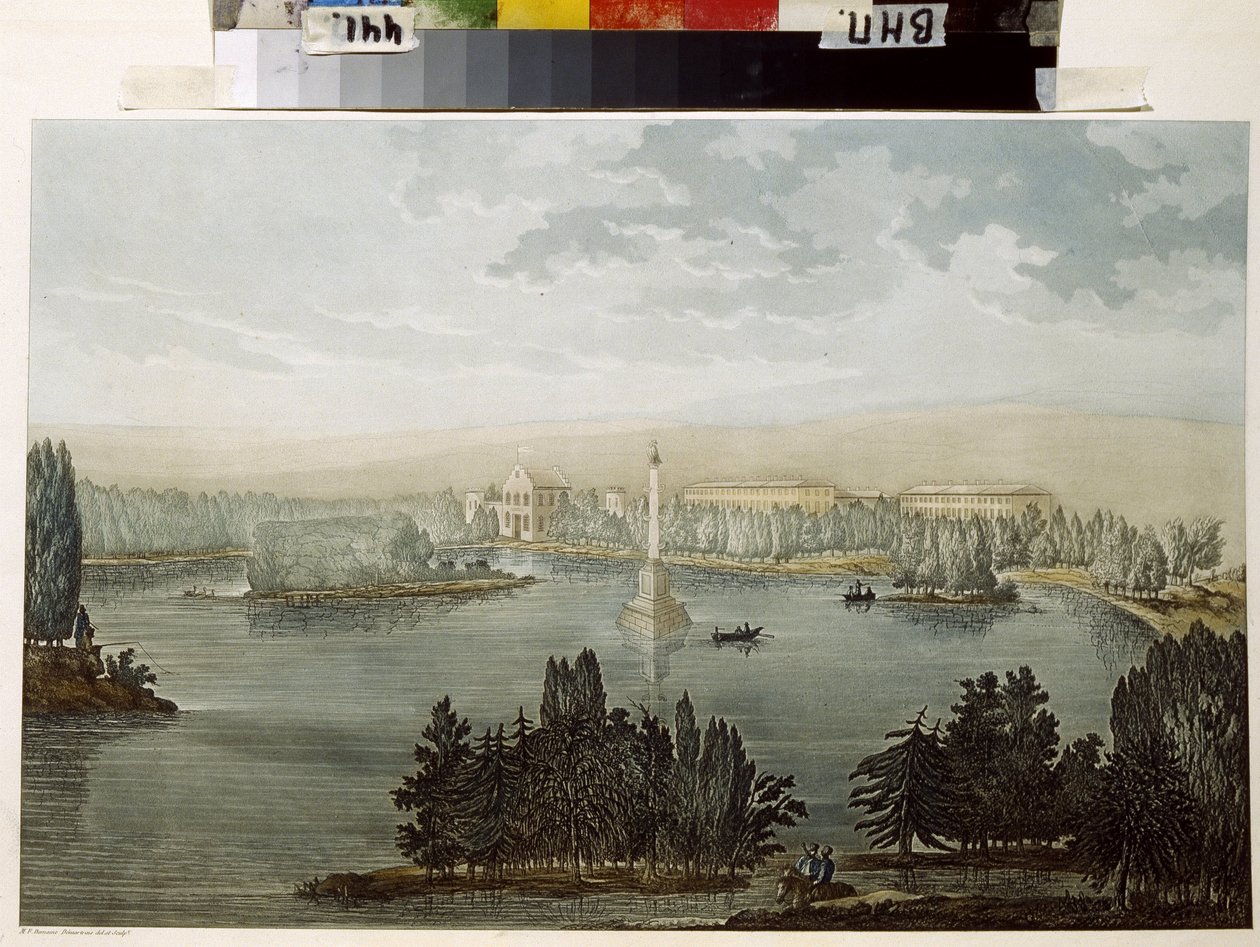 皇村景色。 切斯梅专栏。 （Tsarskoye Selo 景观。Chesme 柱）。 米歇尔·弗朗索瓦·达马姆·达马特赖特 (Michel Francois Damam Damartrait，1763-1827 年) 的作品，水彩版画 作者 米歇尔·弗朗索瓦·达曼·德马特