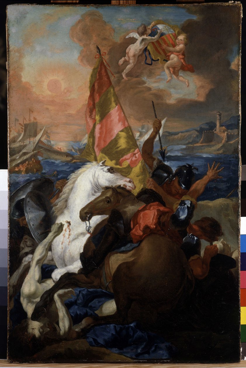 The inhabitants of Aix rescuing Marseille against the Aragonese: The fleet of Alfonso V of Aragon (1394-1458) fires and sacked Marseille in 1423. Painting by Michel Francois Dandré Bardon (1700-1783). 18th century. Oil on canvas, 66 x 43 cm. Musee Granet,  作者 米歇尔·弗朗索瓦·丹德·巴顿