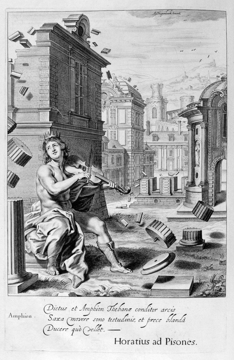 安菲翁（Amphion）用小提琴的音乐建造了底比斯（Thebes）的墙，1655年 作者 米歇尔·德·马洛雷斯