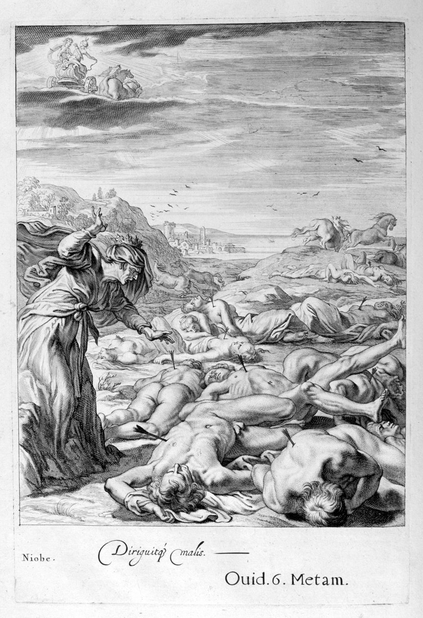 阿波罗（Apollo）和戴安娜（Diana）用箭头杀死了Niobes Children：她变成石头了，1655年 作者 米歇尔·德·马洛雷斯