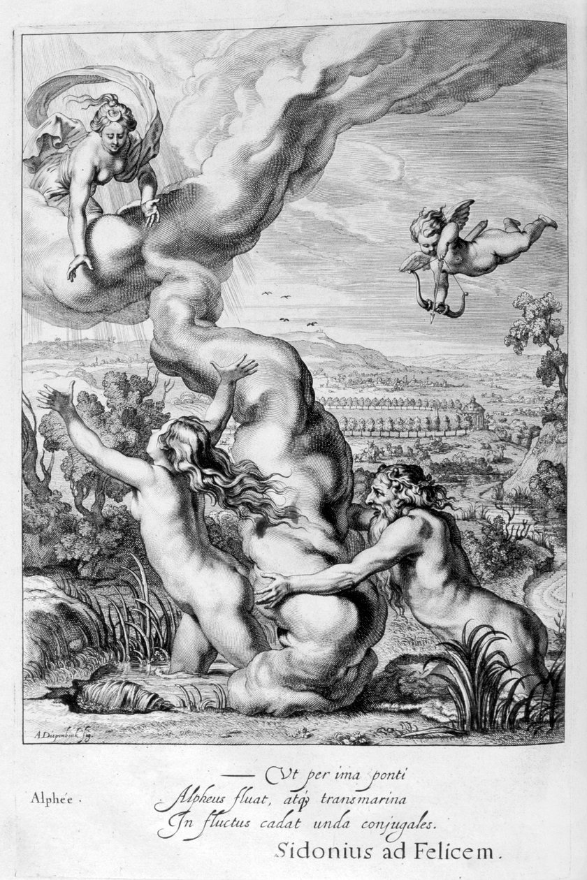 阿雷修斯（Arethusa）受阿尔弗斯（Alpheus）追捧并变成喷泉，1655年 作者 米歇尔·德·马洛雷斯
