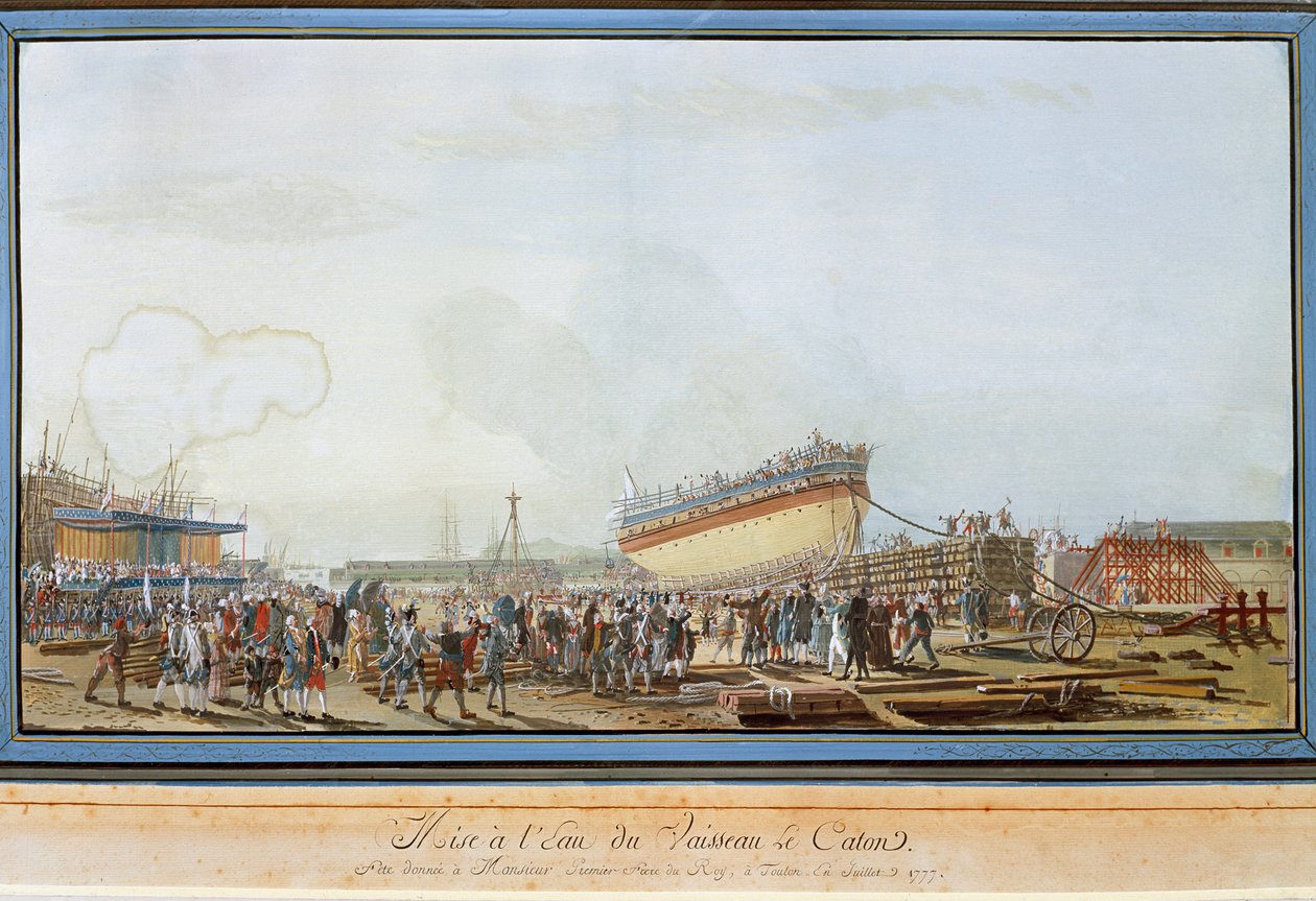 1777 年 7 月在普罗旺斯伯爵在场的情况下，在土伦港下水 Le Caton 号（水粉画） 作者 米歇尔·德·土伦