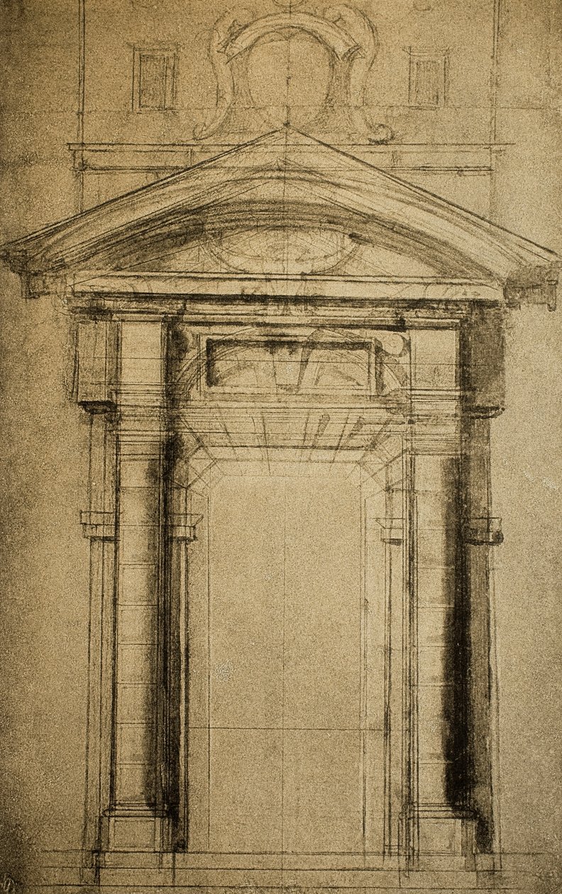 一扇门的建筑素描，上面有一面徽章;米开朗基罗画的。 Casa Buonarroti，佛罗伦萨 作者 米开朗基罗（Michelangelo Buonarroti）
