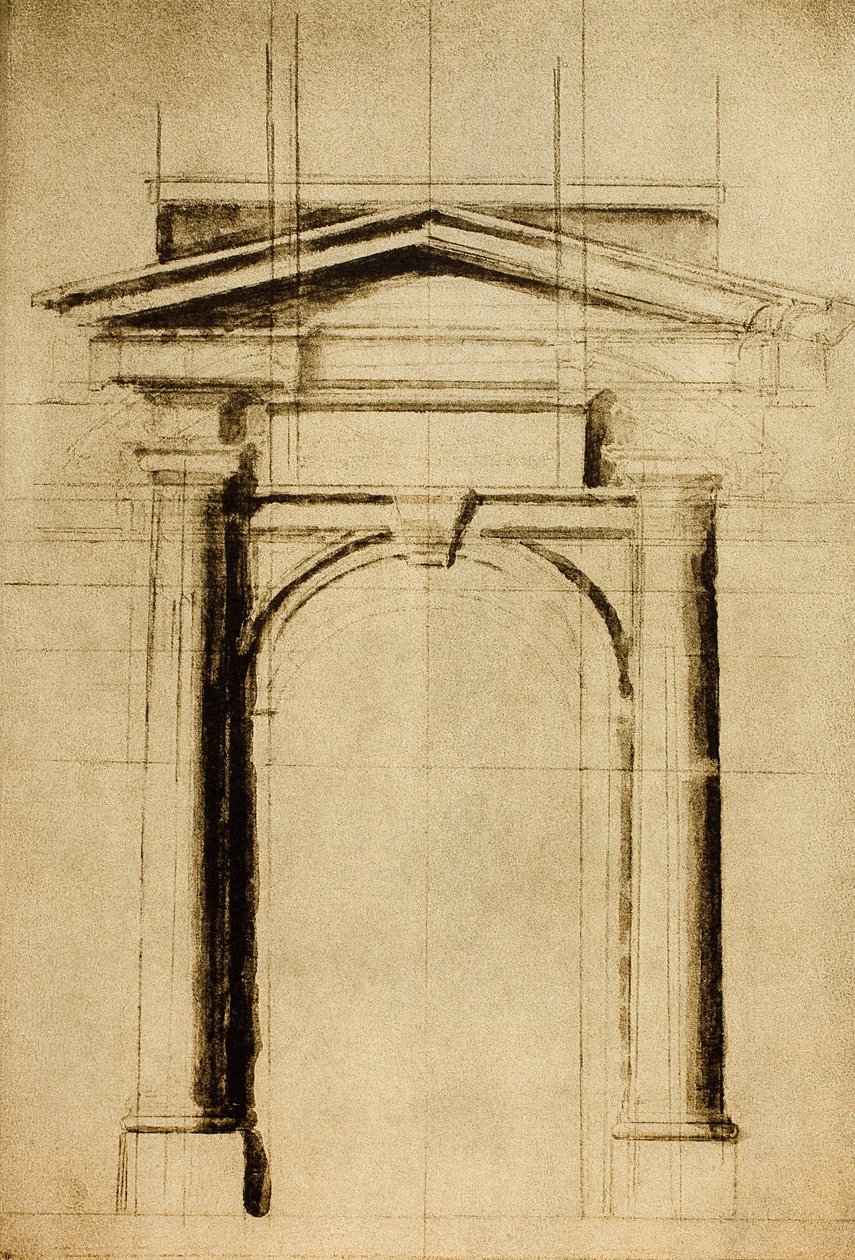 一个三角鼓室门的建筑学研究;米开朗基罗画的。 Casa Buonarroti，佛罗伦萨 作者 米开朗基罗（Michelangelo Buonarroti）