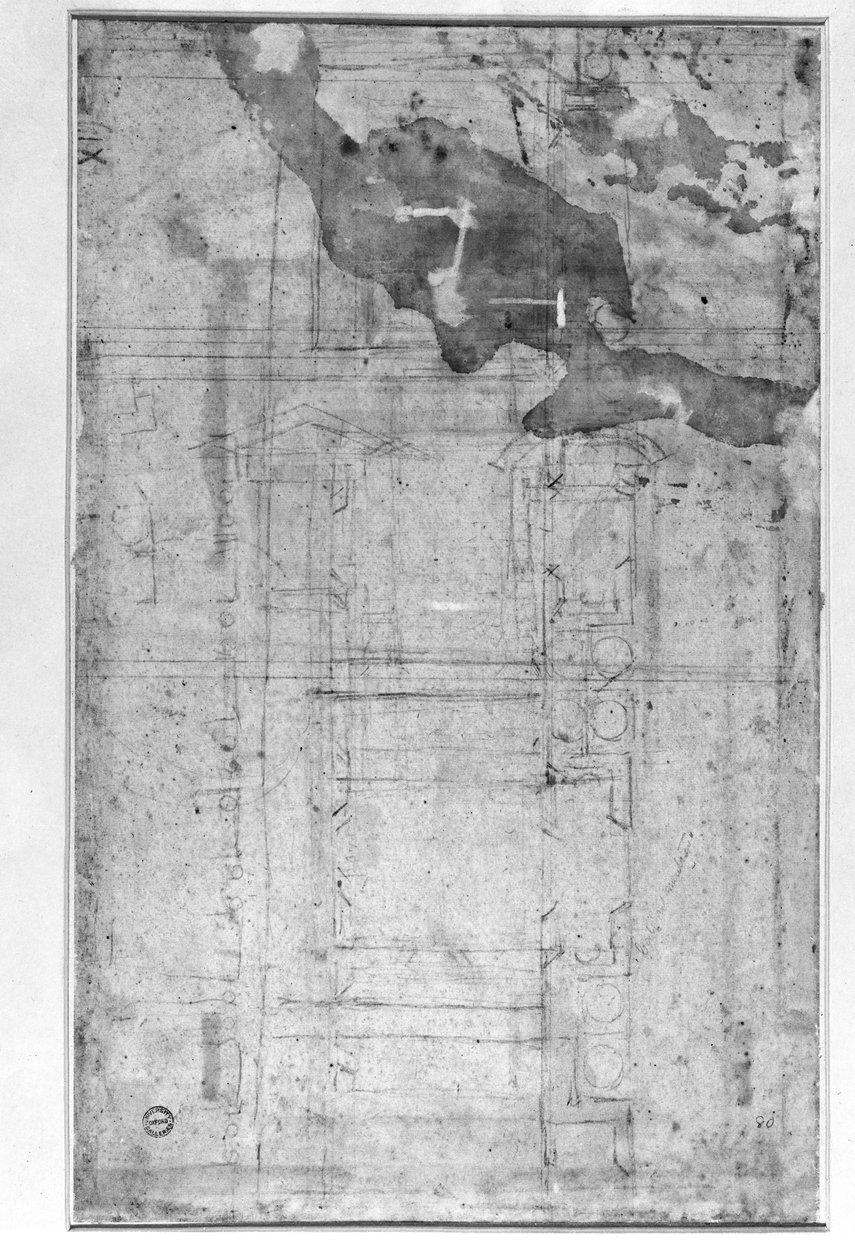 建筑研究，c.1538-50（粉笔在纸上） 作者 米开朗基罗（Michelangelo Buonarroti）