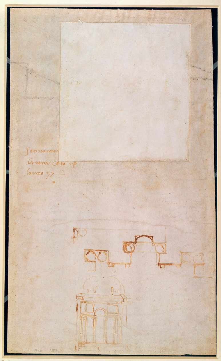 笔记建筑研究（棕色笔在纸上）（正面） 作者 米开朗基罗（Michelangelo Buonarroti）