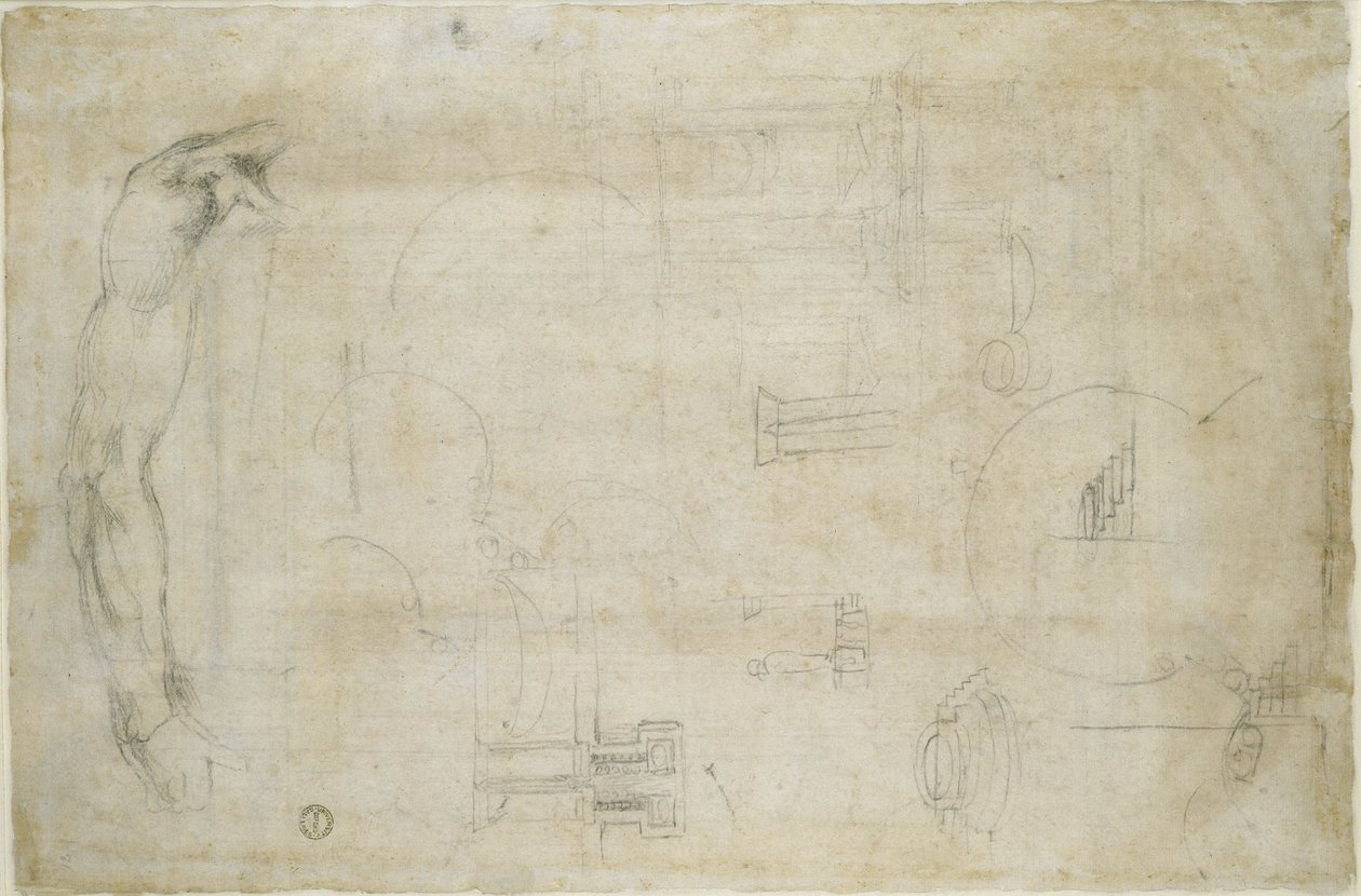 建筑研究和A Man&39;s Arm，c.1538-50（纸上的黑色粉笔） 作者 米开朗基罗（Michelangelo Buonarroti）
