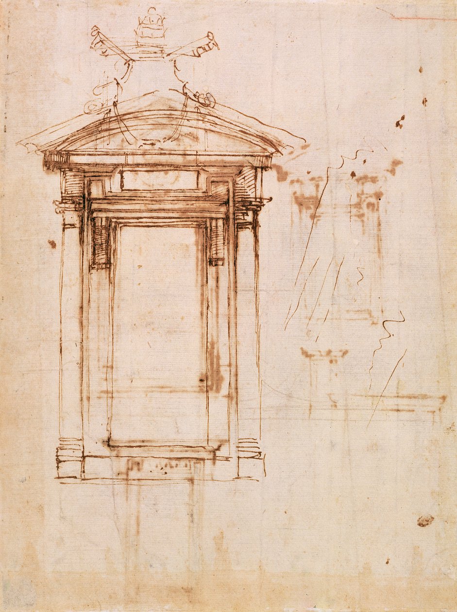 建筑研究（棕色墨水在纸上用棕色水洗）（正面） 作者 米开朗基罗（Michelangelo Buonarroti）