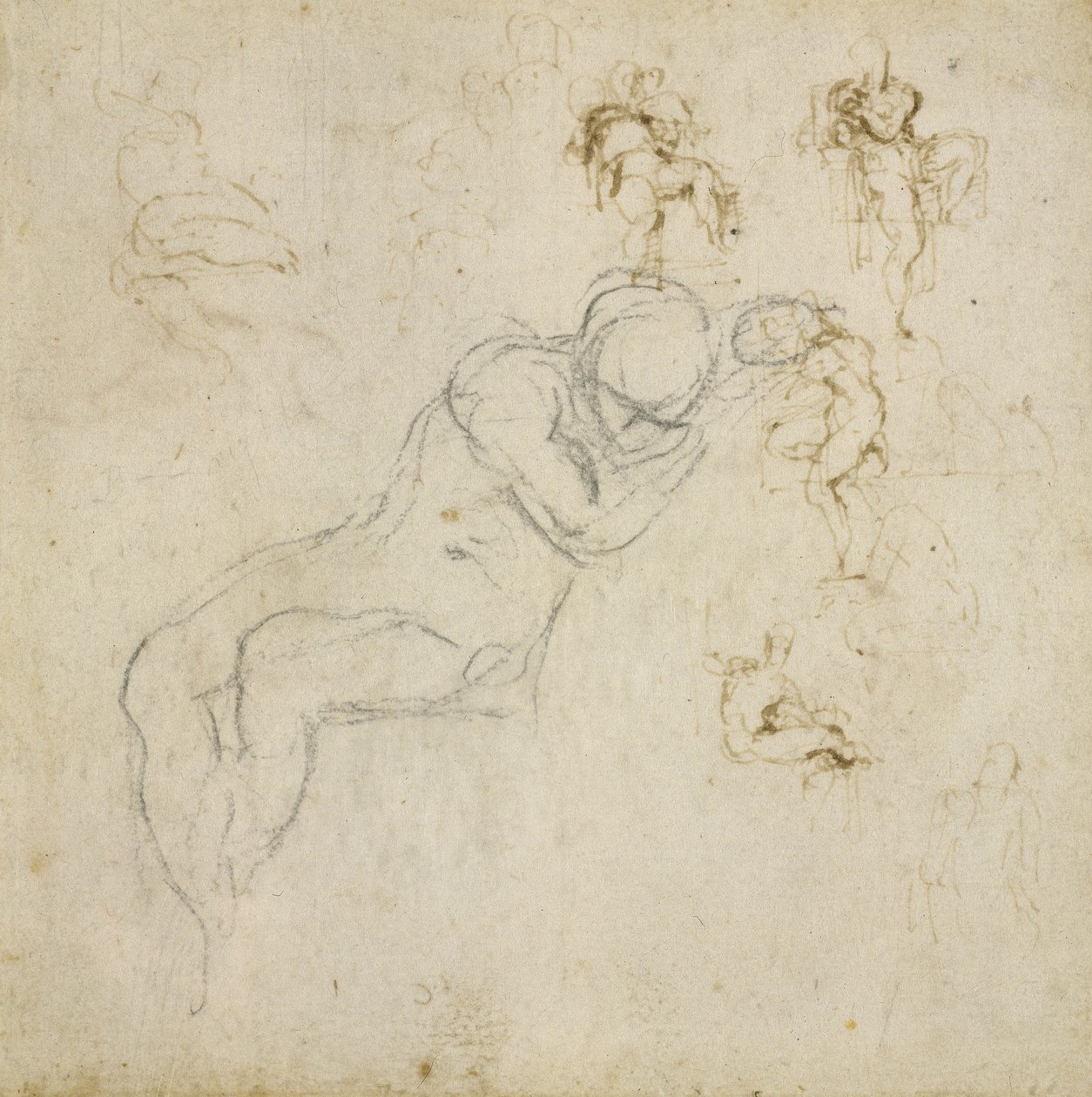 图研究，c.1511（黑色粉笔，纸笔和墨水） 作者 米开朗基罗（Michelangelo Buonarroti）