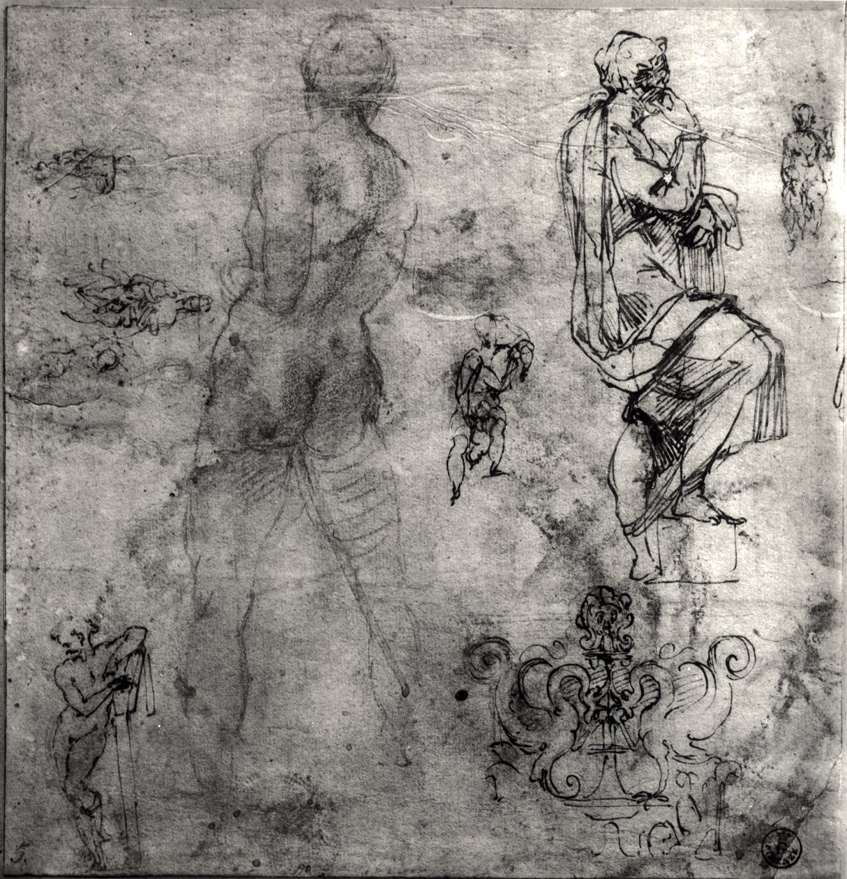 人体和建筑研究（钢笔和墨水和铅笔在纸上） 作者 米开朗基罗（Michelangelo Buonarroti）