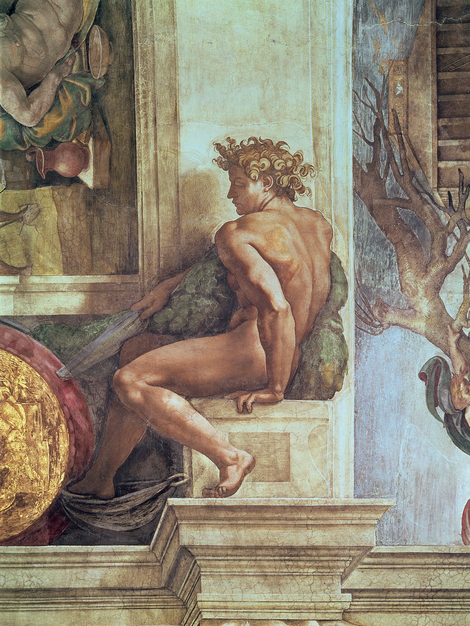 来自西斯廷天花板的Ignudo（修复前） 作者 米开朗基罗（Michelangelo Buonarroti）