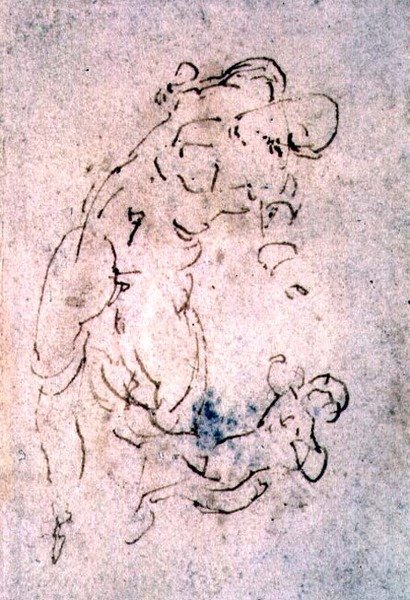 INV。 1859 6-25-553。 R.（W.56）斜倚男性和儿童的素描（红色粉笔） 作者 米开朗基罗（Michelangelo Buonarroti）