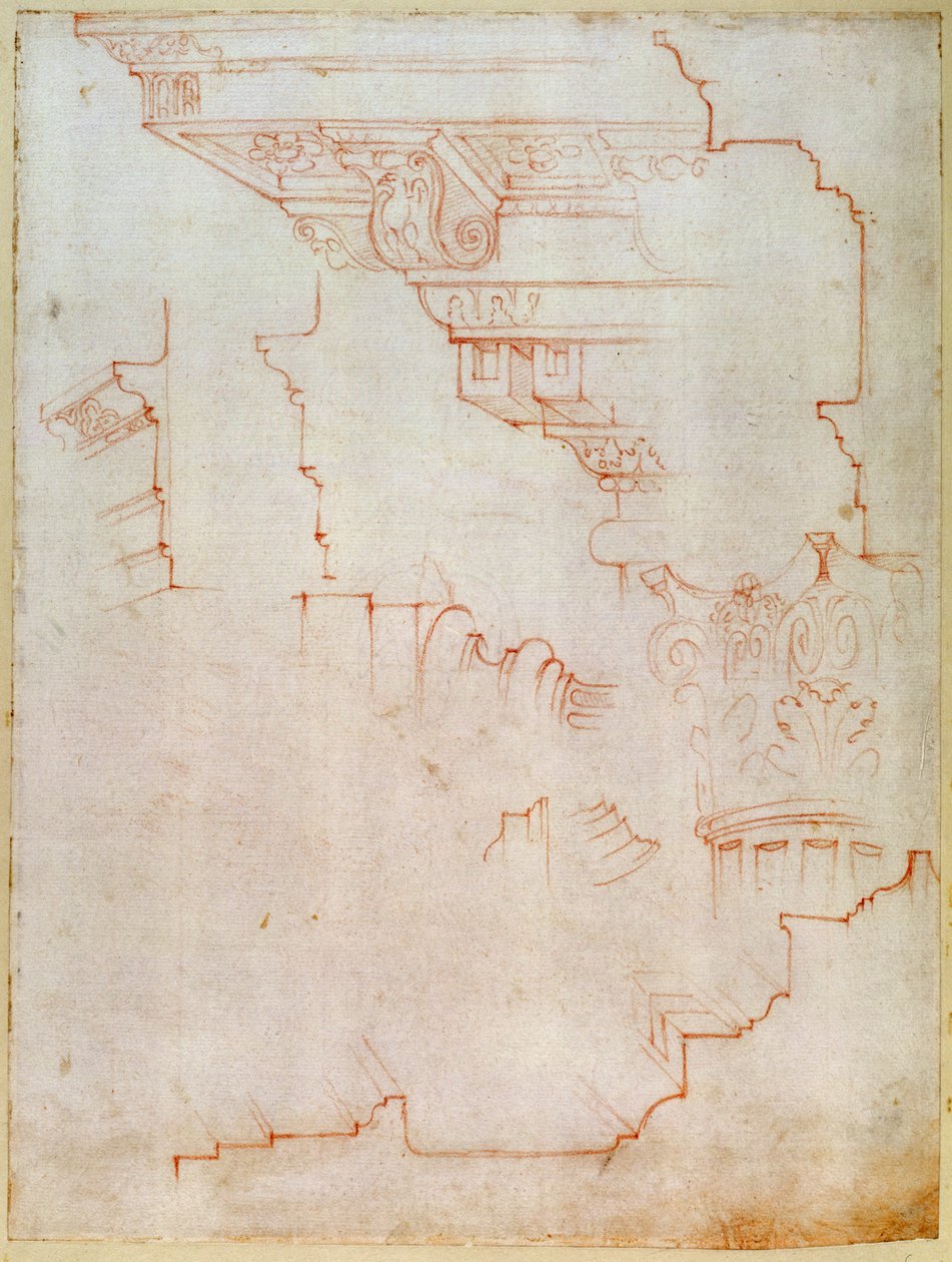 INV。 1859 6-25-5602。 R.（W.19）绘制建筑细节（红色粉笔） 作者 米开朗基罗（Michelangelo Buonarroti）