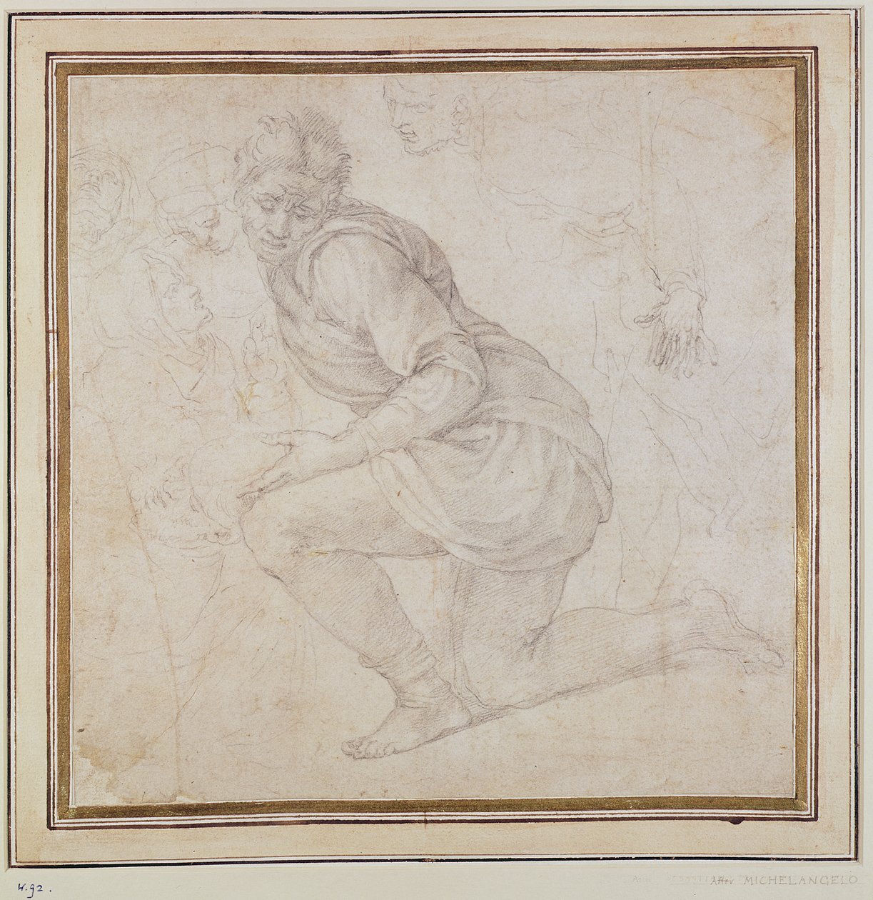 INV。 5211-75 Fawkener Recto（W.92）跪地男子（图） 作者 米开朗基罗（Michelangelo Buonarroti）