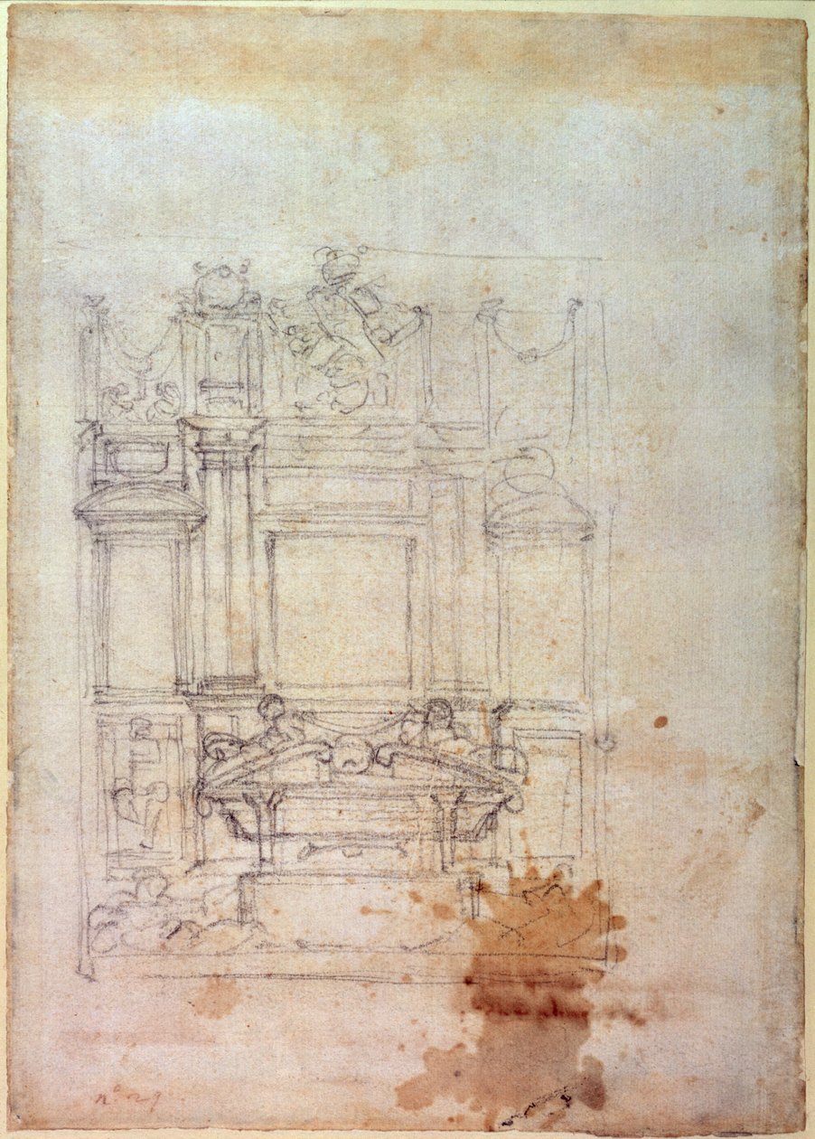 INV。 L859 6-25-823。 R.（W.27）墓的设计（红色粉笔） 作者 米开朗基罗（Michelangelo Buonarroti）