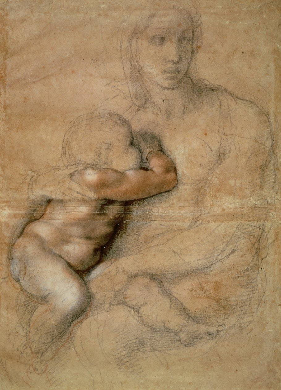 麦当娜和孩子，1525年（铅笔和红色粉笔在纸上） 作者 米开朗基罗（Michelangelo Buonarroti）
