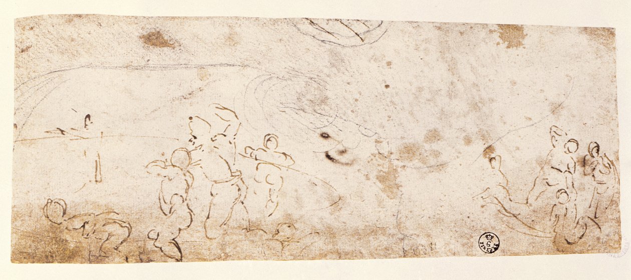 西斯廷教堂天花板（1508-12）：“洪水”（笔和棕色墨水）的数字草图 作者 米开朗基罗（Michelangelo Buonarroti）
