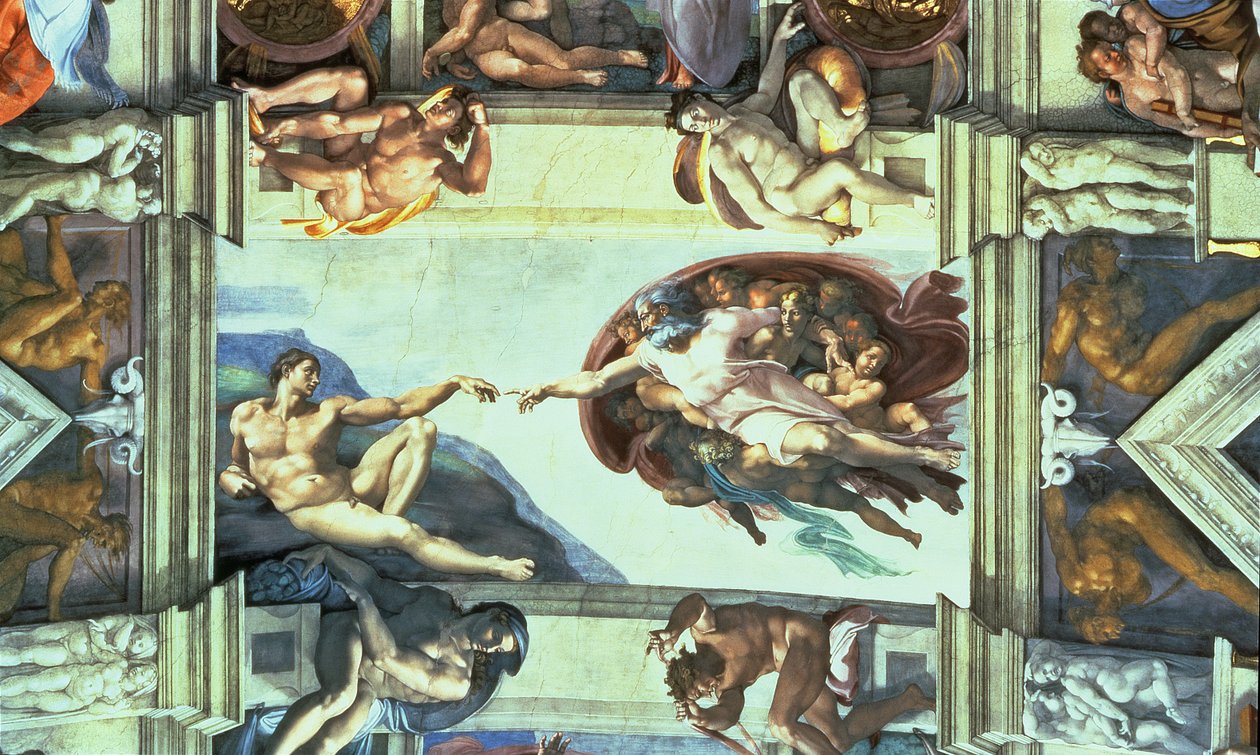 西斯廷教堂天花板：创造亚当，1510年（修复后） 作者 米开朗基罗（Michelangelo Buonarroti）