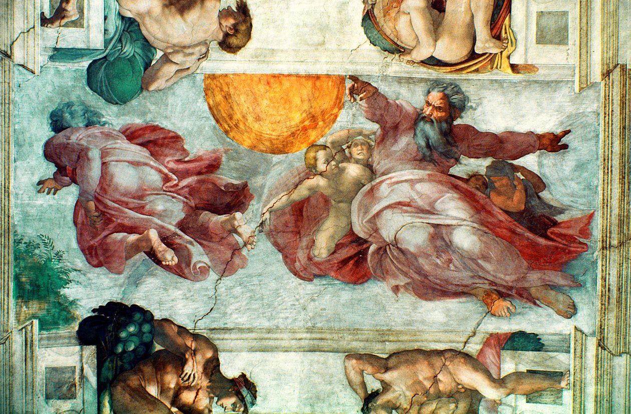 西斯廷教堂天花板：太阳和月亮的创造，1508-12 作者 米开朗基罗（Michelangelo Buonarroti）