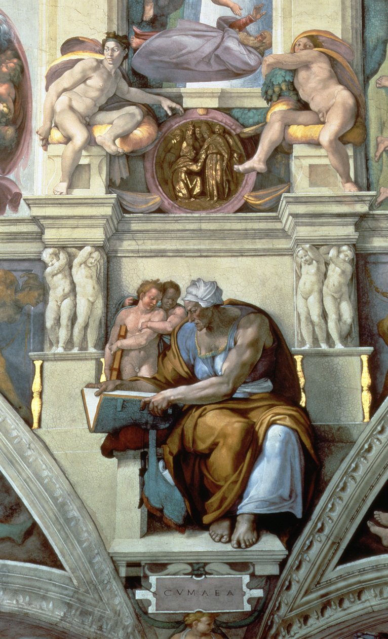 西斯廷教堂天花板：Cumaean Sibyl，1510壁画修复细节76588 作者 米开朗基罗（Michelangelo Buonarroti）