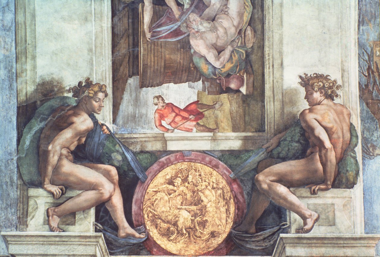 西斯廷教堂天花板：Ignudi（修复前） 作者 米开朗基罗（Michelangelo Buonarroti）