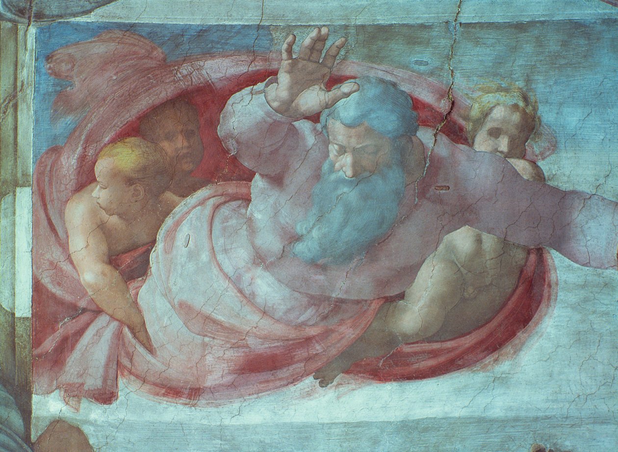 西斯廷教堂：上帝划分水域和地球（恢复前）（细节） 作者 米开朗基罗（Michelangelo Buonarroti）