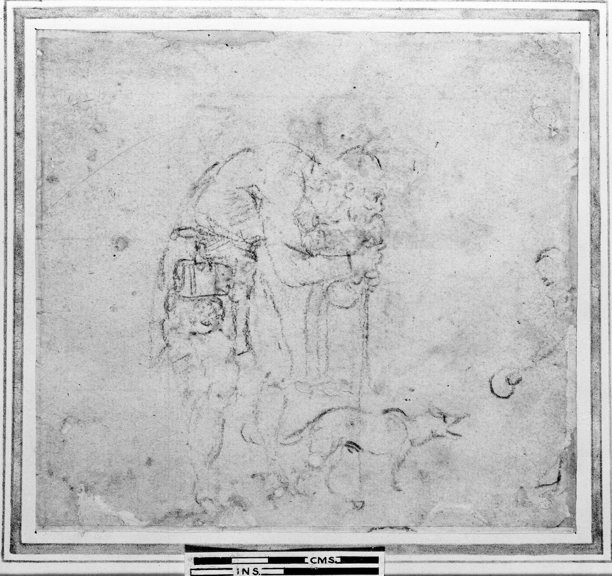 素描与人物和狗（纸上的木炭） 作者 米开朗基罗（Michelangelo Buonarroti）