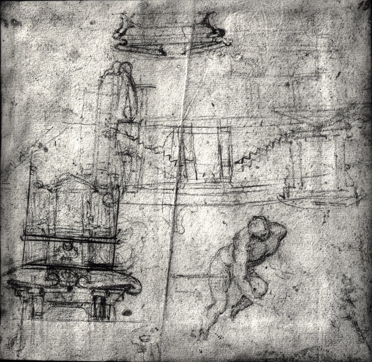 素描与建筑研究和男性裸体 作者 米开朗基罗（Michelangelo Buonarroti）