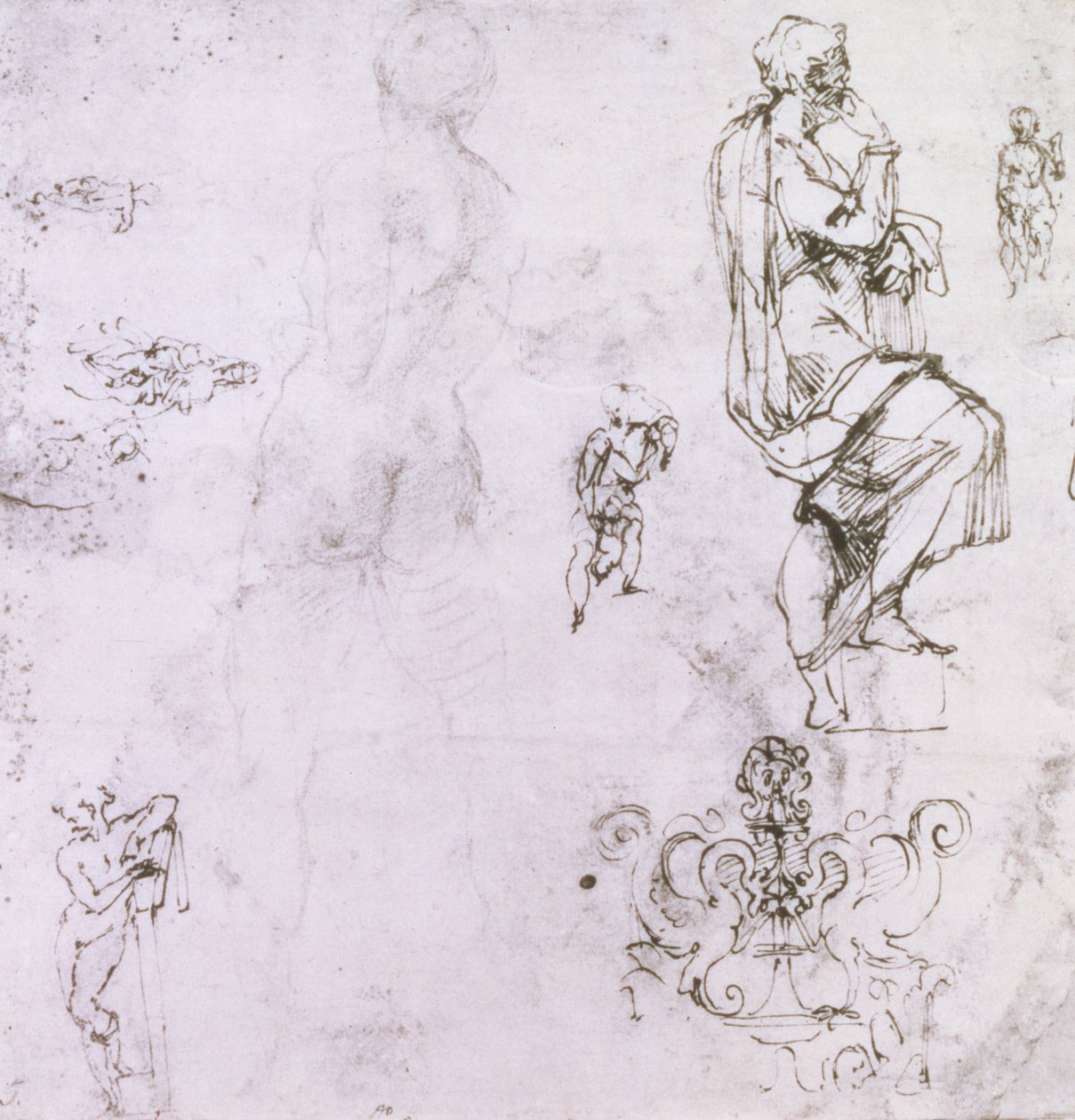 男性裸体，麦当娜和儿童的素描以及装饰性标志（笔和纸上的墨水和木炭） 作者 米开朗基罗（Michelangelo Buonarroti）