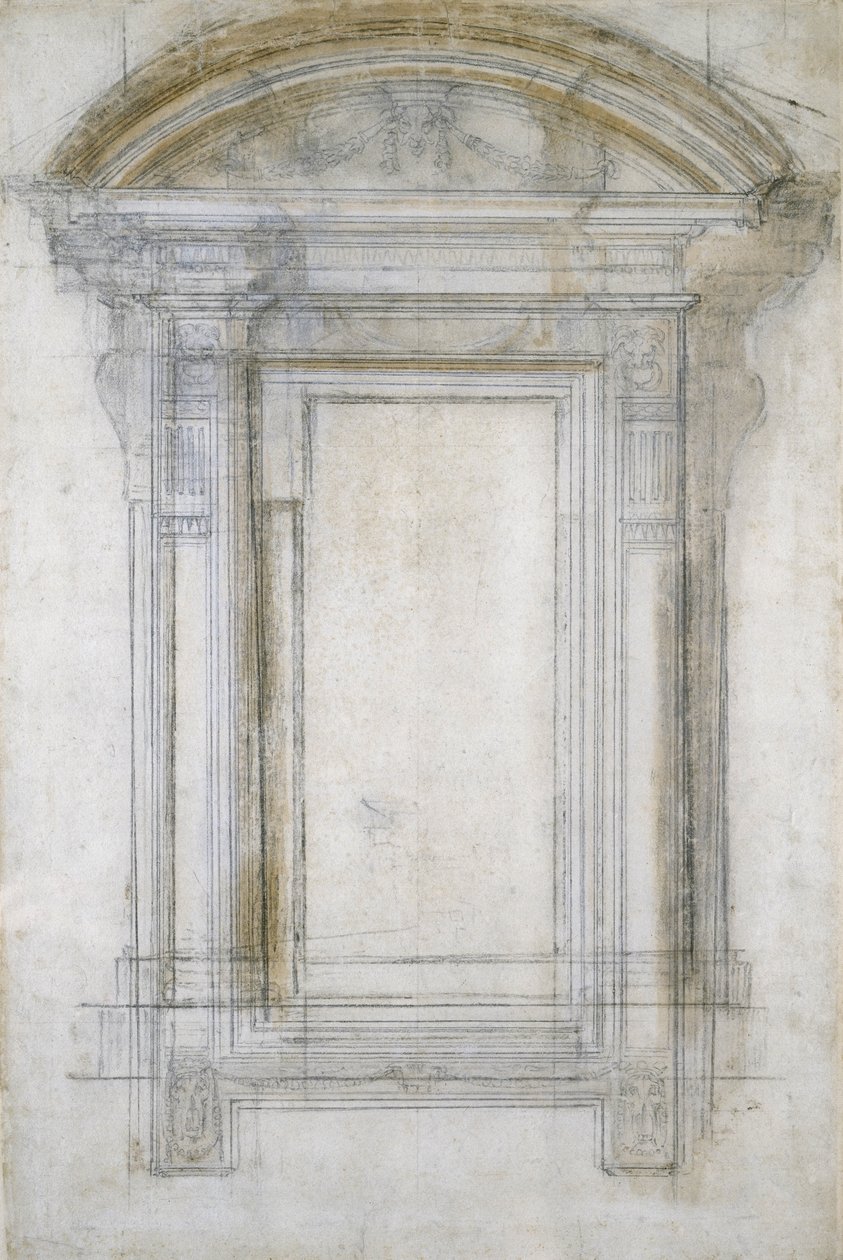研究带有半圆形山墙的窗户，c.1546（黑色粉笔和纸上洗） 作者 米开朗基罗（Michelangelo Buonarroti）