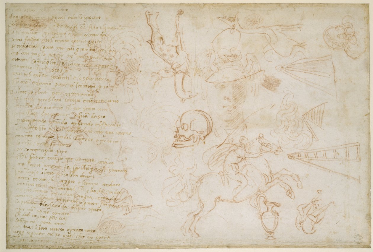 头和动物的研究，c.1525（红色粉笔和笔在纸上） 作者 米开朗基罗（Michelangelo Buonarroti）