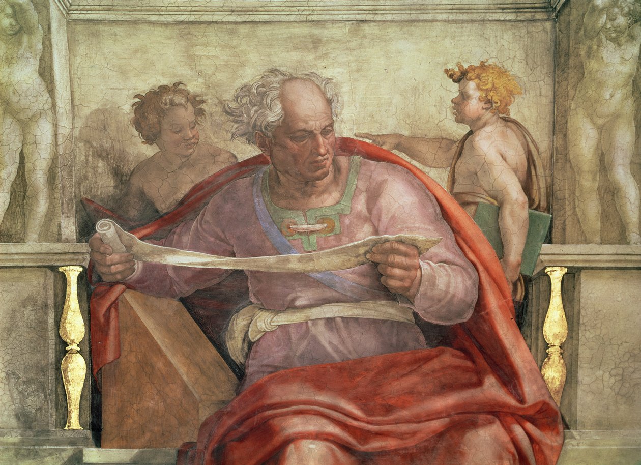 先知乔尔，来自西斯廷天花板（修复前） 作者 米开朗基罗（Michelangelo Buonarroti）