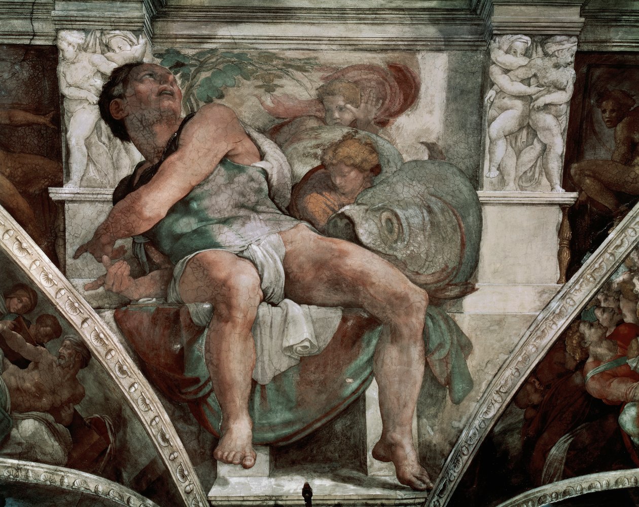 先知约拿，来自西斯廷教堂，1538-41（修复前） 作者 米开朗基罗（Michelangelo Buonarroti）
