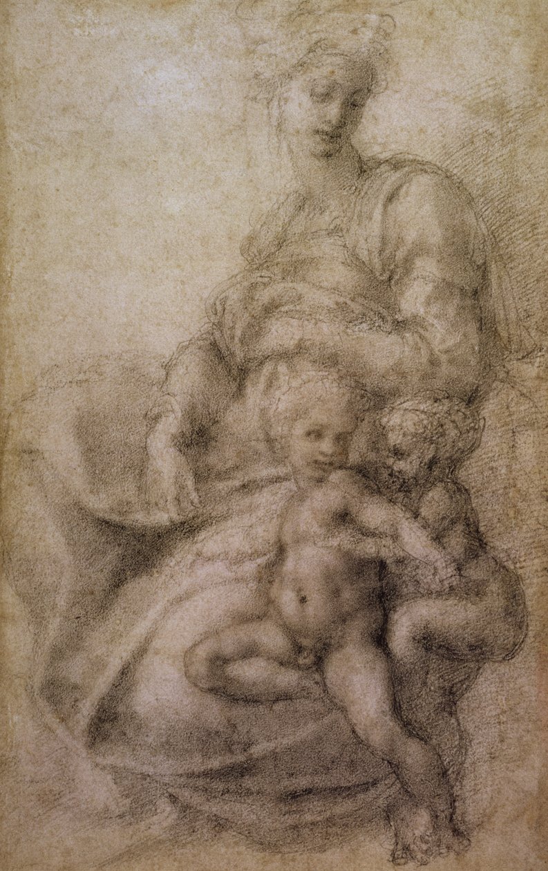 圣母子与婴儿浸信会，1530年（黑色粉笔在纸上） 作者 米开朗基罗（Michelangelo Buonarroti）