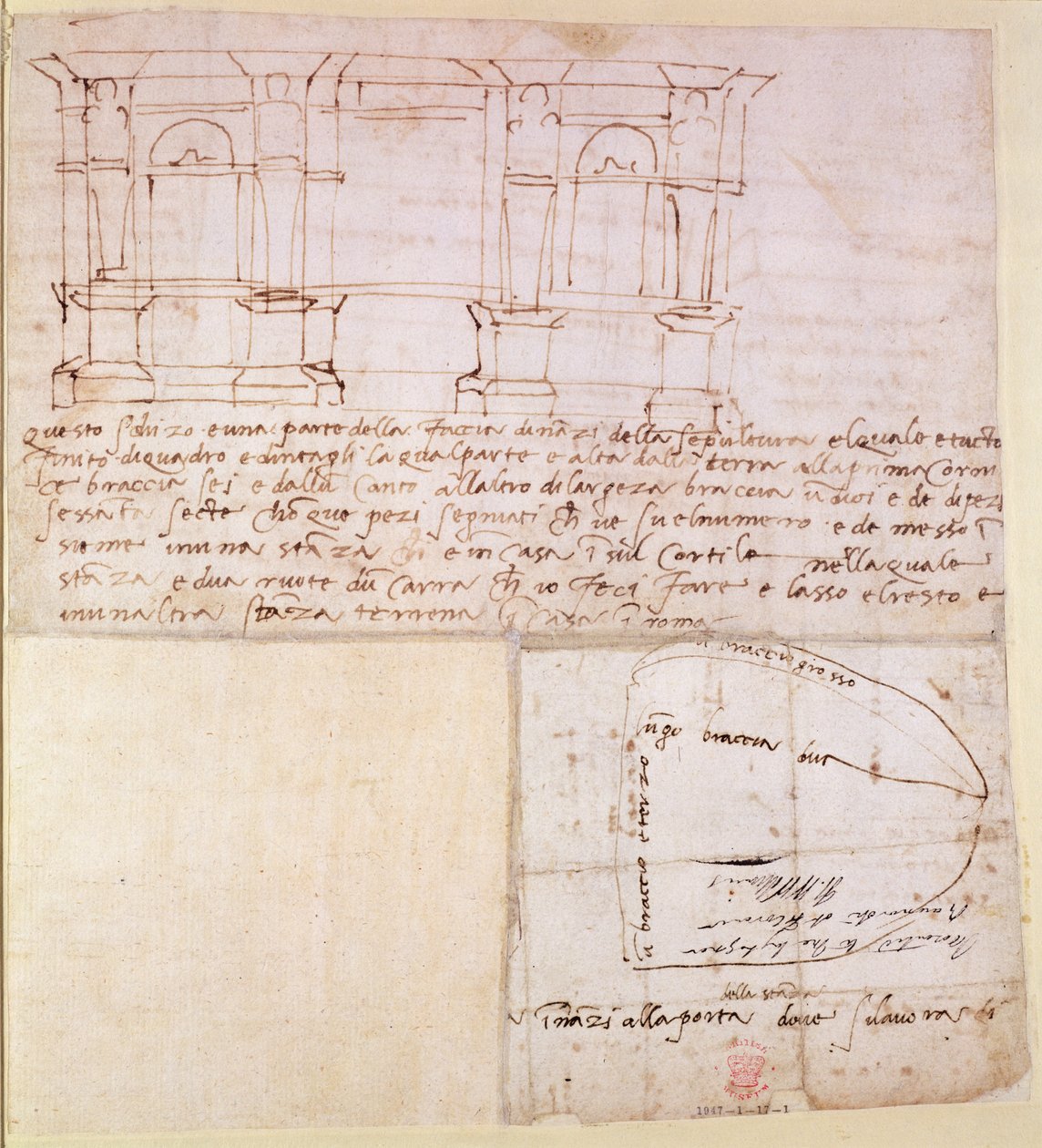 W.23r带笔记的建筑草图（笔和墨水） 作者 米开朗基罗（Michelangelo Buonarroti）