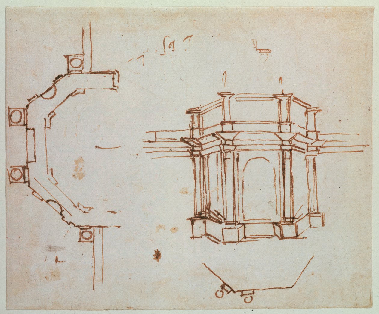 W.24r建筑草图（钢笔和墨水） 作者 米开朗基罗（Michelangelo Buonarroti）