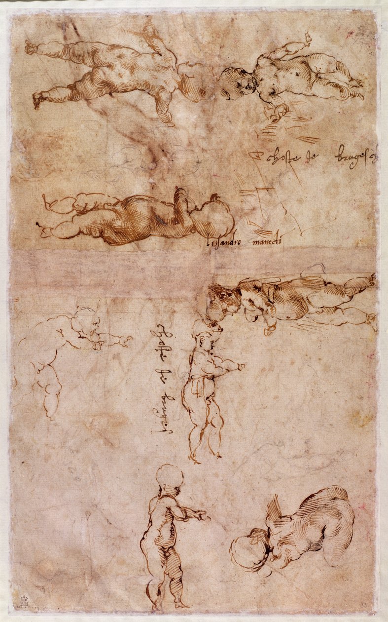 W.4v婴儿或小天使的草图页面（墨水在纸上） 作者 米开朗基罗（Michelangelo Buonarroti）